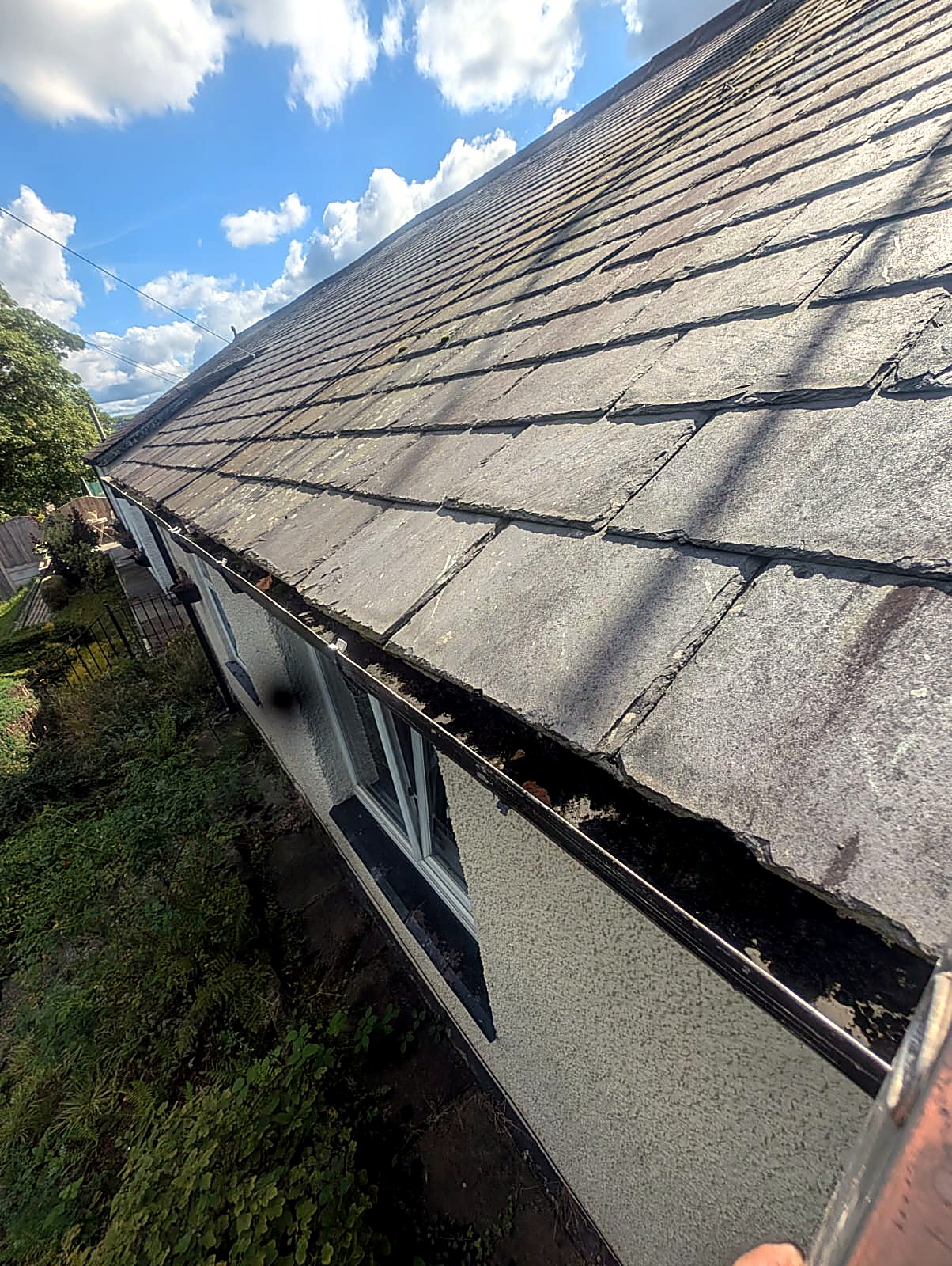 House gutter full of leaves and silt before gutter cleaning in Bury, Greater Manchester
