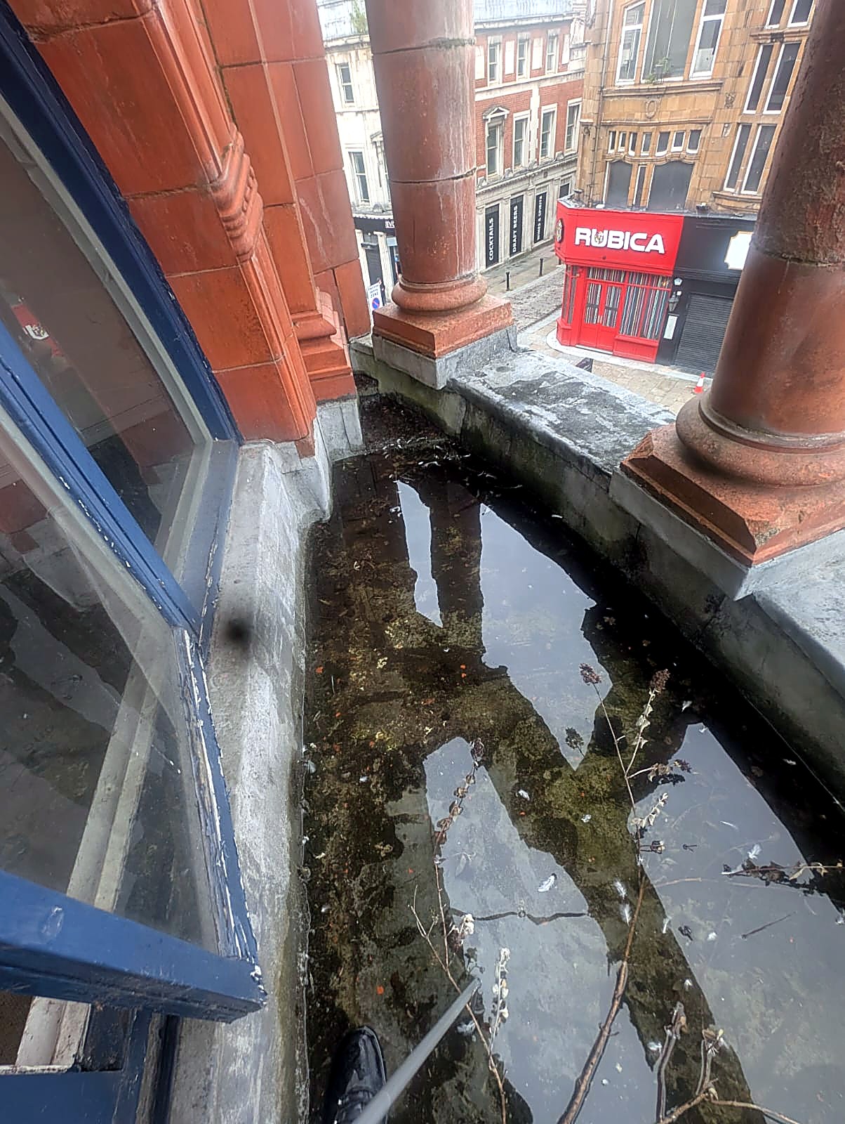 Standing water sitting in a parapet gutter before cleaning
